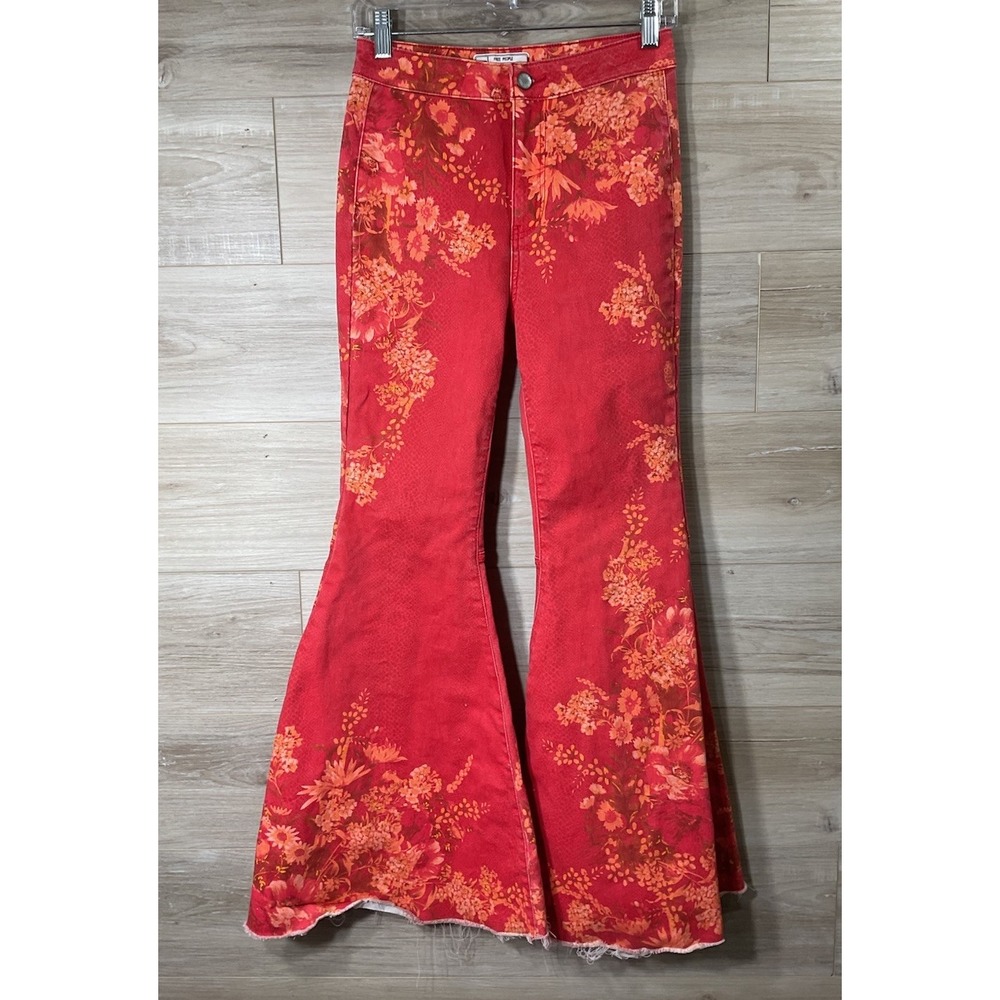 Free People Just Float On Flare Jeans Red Orange Floral 27 70s Retro Groovy